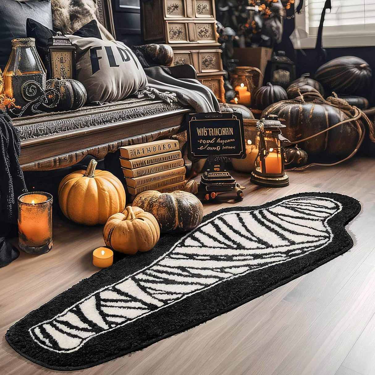 Feblilac Halloween Bathroom Rug, Black and White Mummy Bathroom Mat, 18x47 inch