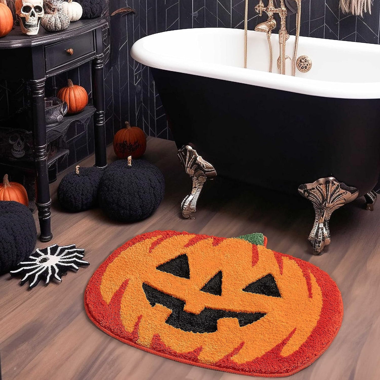 Feblilac Halloween Bathroom Decor Fall Pumpkin Bathroom Rugs Non Slip Funny Cute Bath Mats for Bathroom Shower Tub Microfiber Washable Absorbent Carpet Autumn Home Decoration, Orange