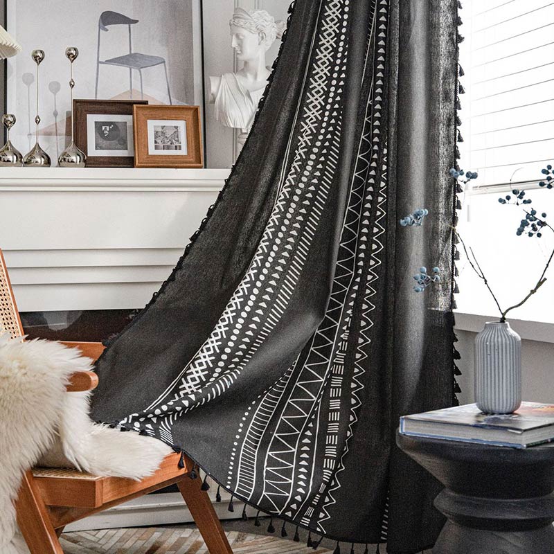 Black Tassel Geometric Cotton Linen Curtain
