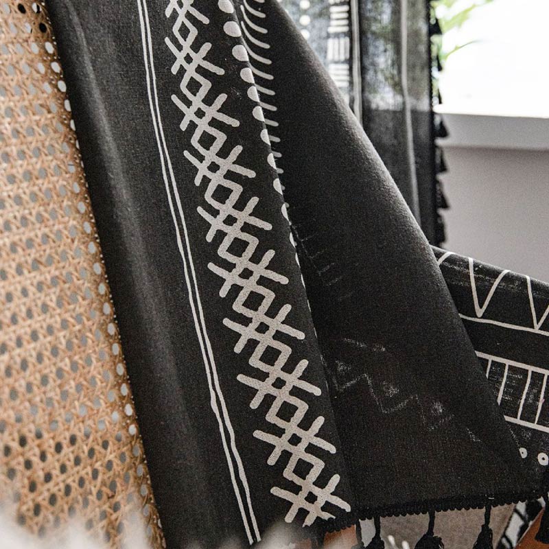 Black Tassel Geometric Cotton Linen Curtain