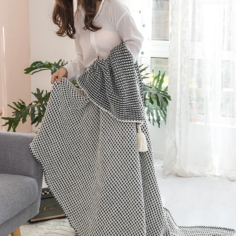 Black & White Knitted Blanket with Tassels
