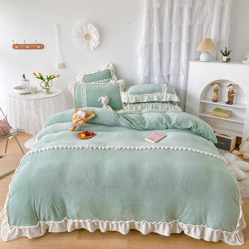 Thicken Green Poly Milk Cashmere Flannel Duvet Cover Bedding Set