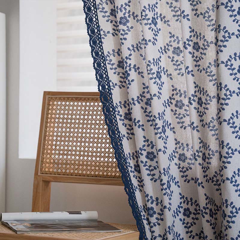 Blue Flower Lace Brim Light Filtering Curtain