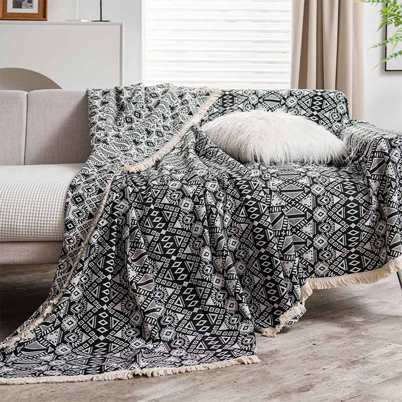 Black & White Geometric Tassel Sofa Protector