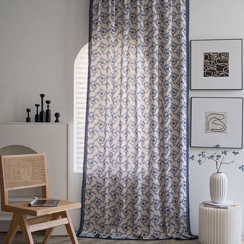 Blue Flower Lace Brim Light Filtering Curtain