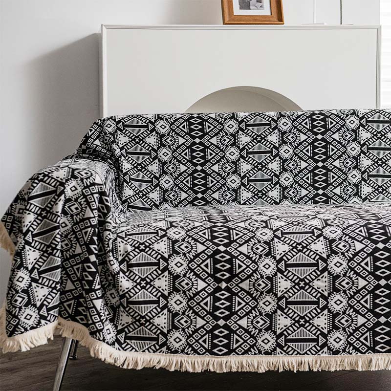 Black & White Geometric Tassel Sofa Protector