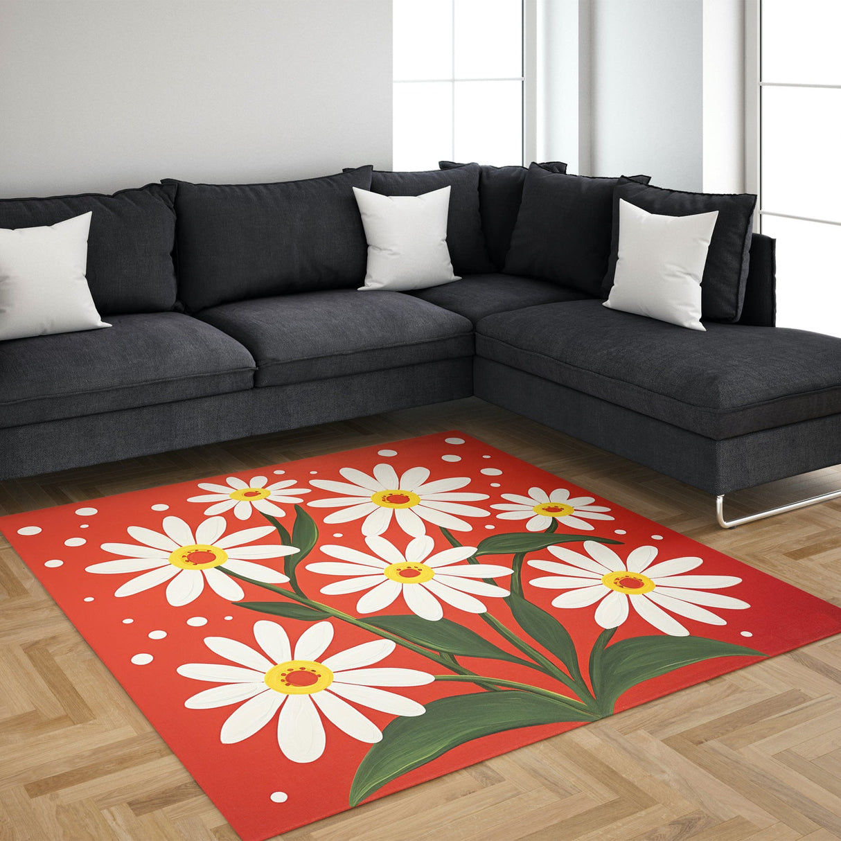 Feblilac Red White Daisy Handmade Tufted Acrylic Livingroom Carpet Area Rug