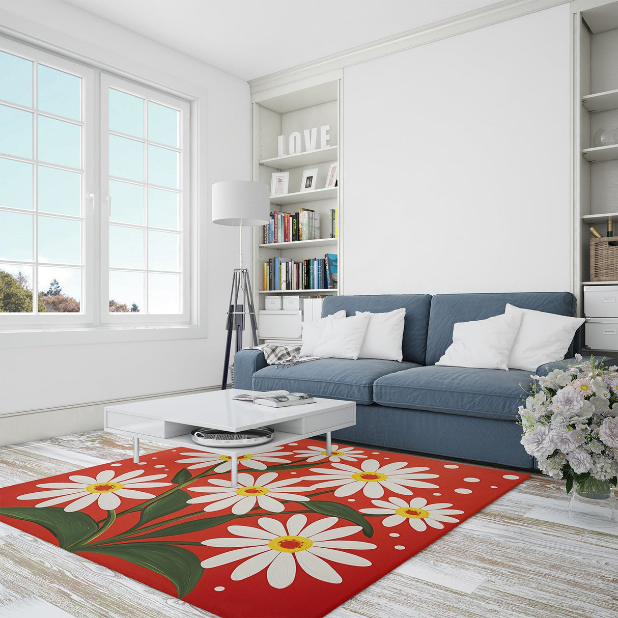 Feblilac Red White Daisy Handmade Tufted Acrylic Livingroom Carpet Area Rug