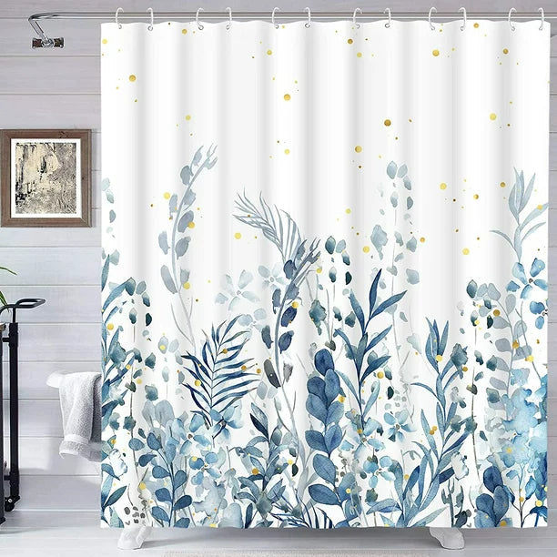 Feblilac Blue Floral Garden Watercolor Shower Curtain with Hooks, Floral Bathroom Curtains with Ring, Unique Bathroom décor, Boho Shower Curtain, Customized Bathroom Curtains, Extra Long Shower Curtain