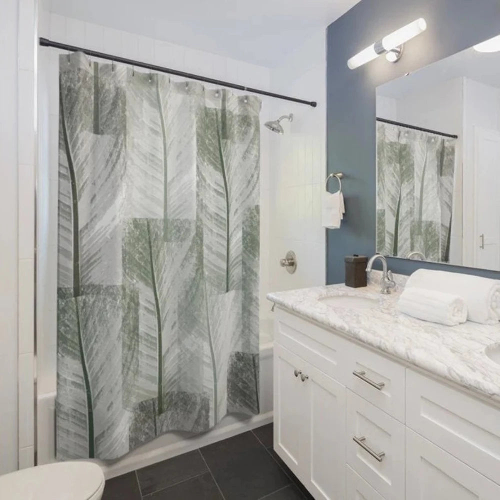 Green and Grey Abstract Leaves Shower Curtain, Floral Waterproof Curtain Decor, Unique Bathroom décor, Boho Shower Curtain, Customized Bathroom Curtains, Extra Long Shower Curtain