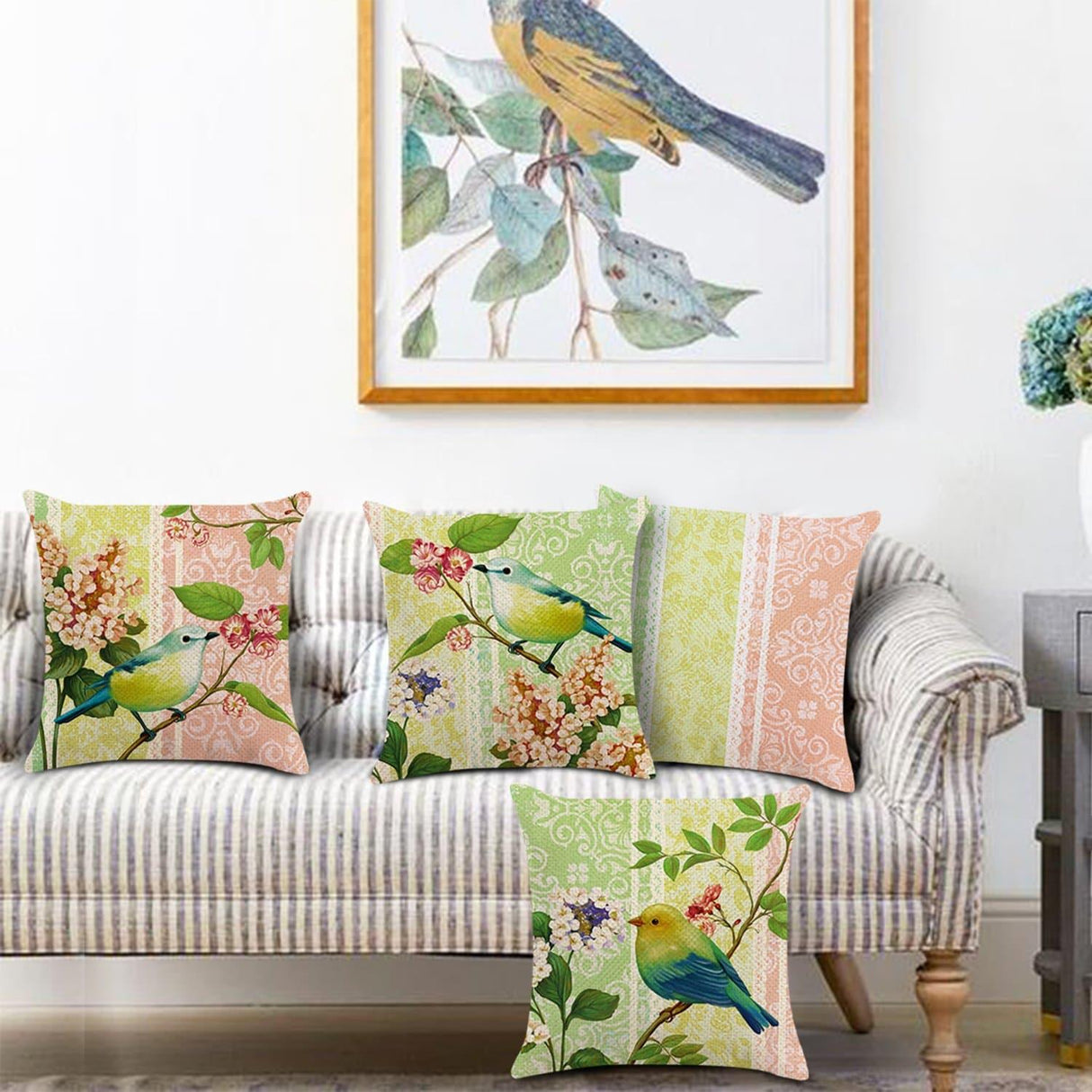 Spring Bird Flower Throw Pillow Covers