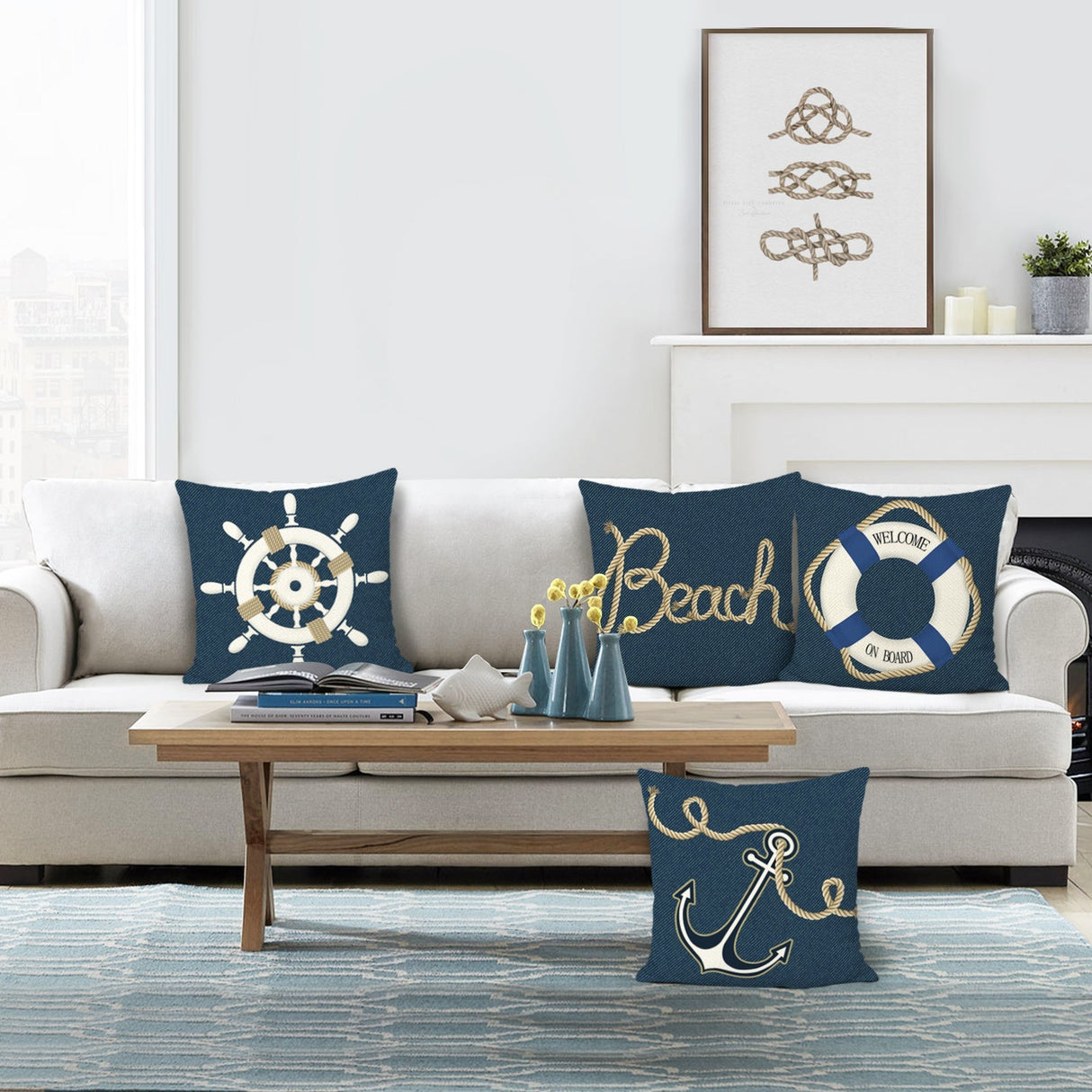 Nautical Rudder Anchor Throw Pillow Covers