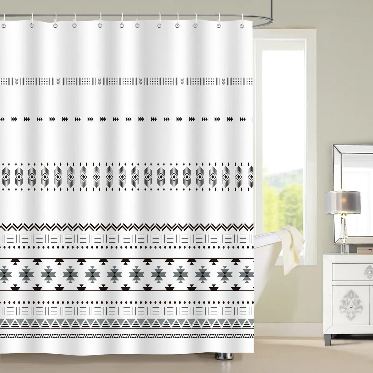 Boho Black Geometric Shower Curtain