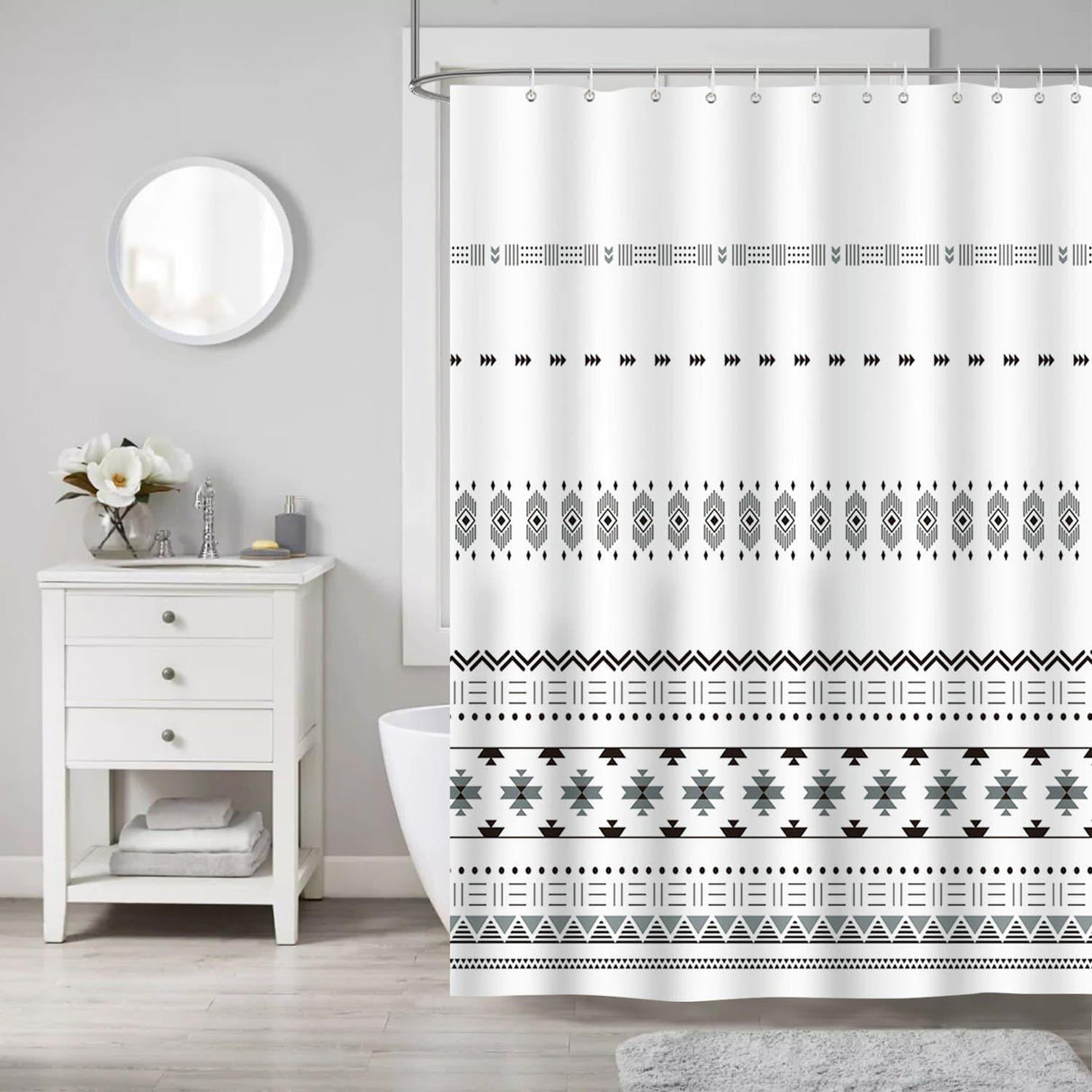 Boho Black Geometric Shower Curtain
