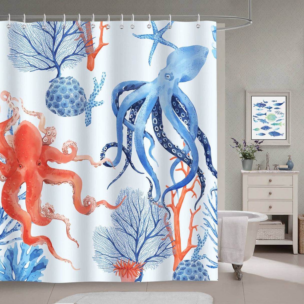 Blue Octopus Coral Bath Curtain