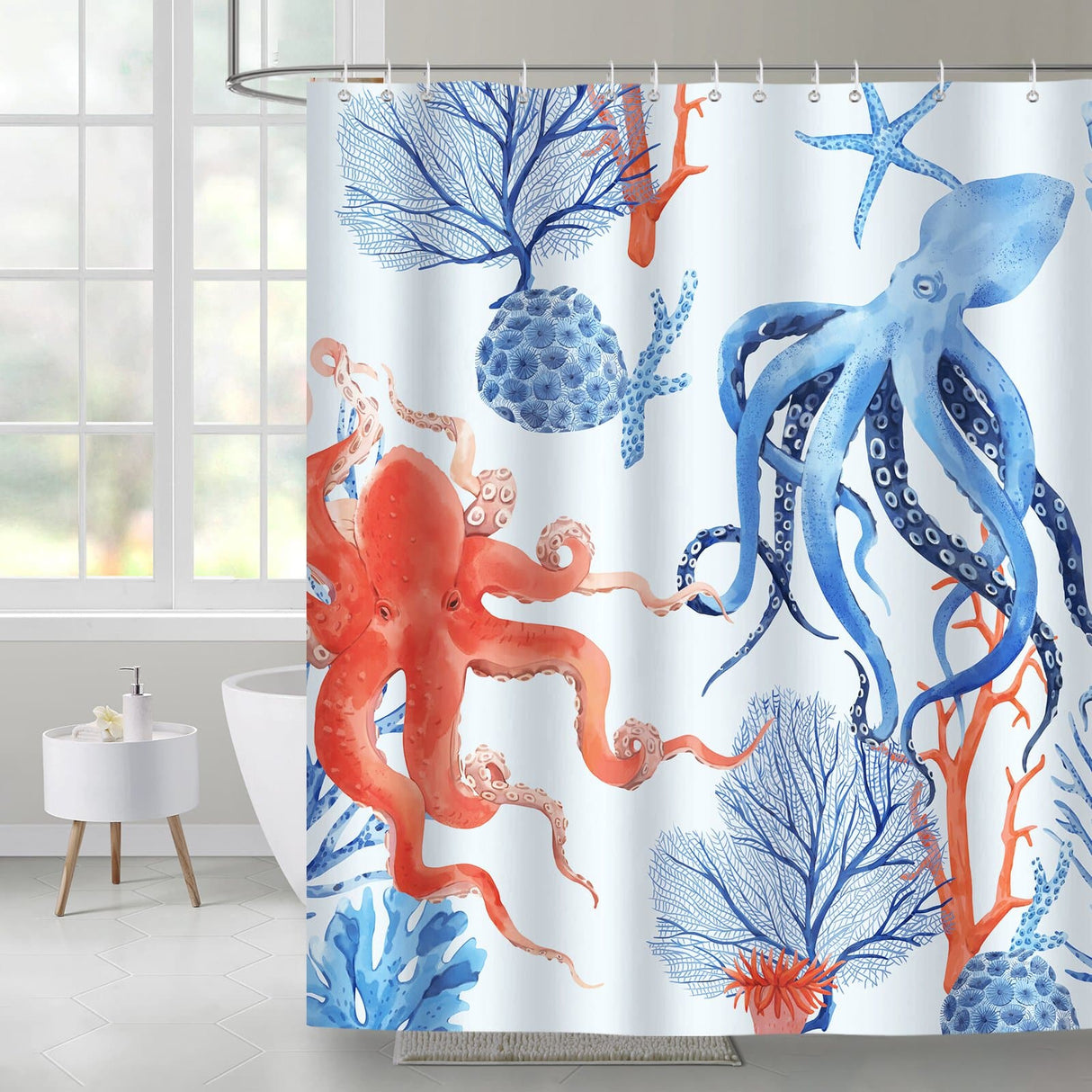 Blue Octopus Coral Bath Curtain
