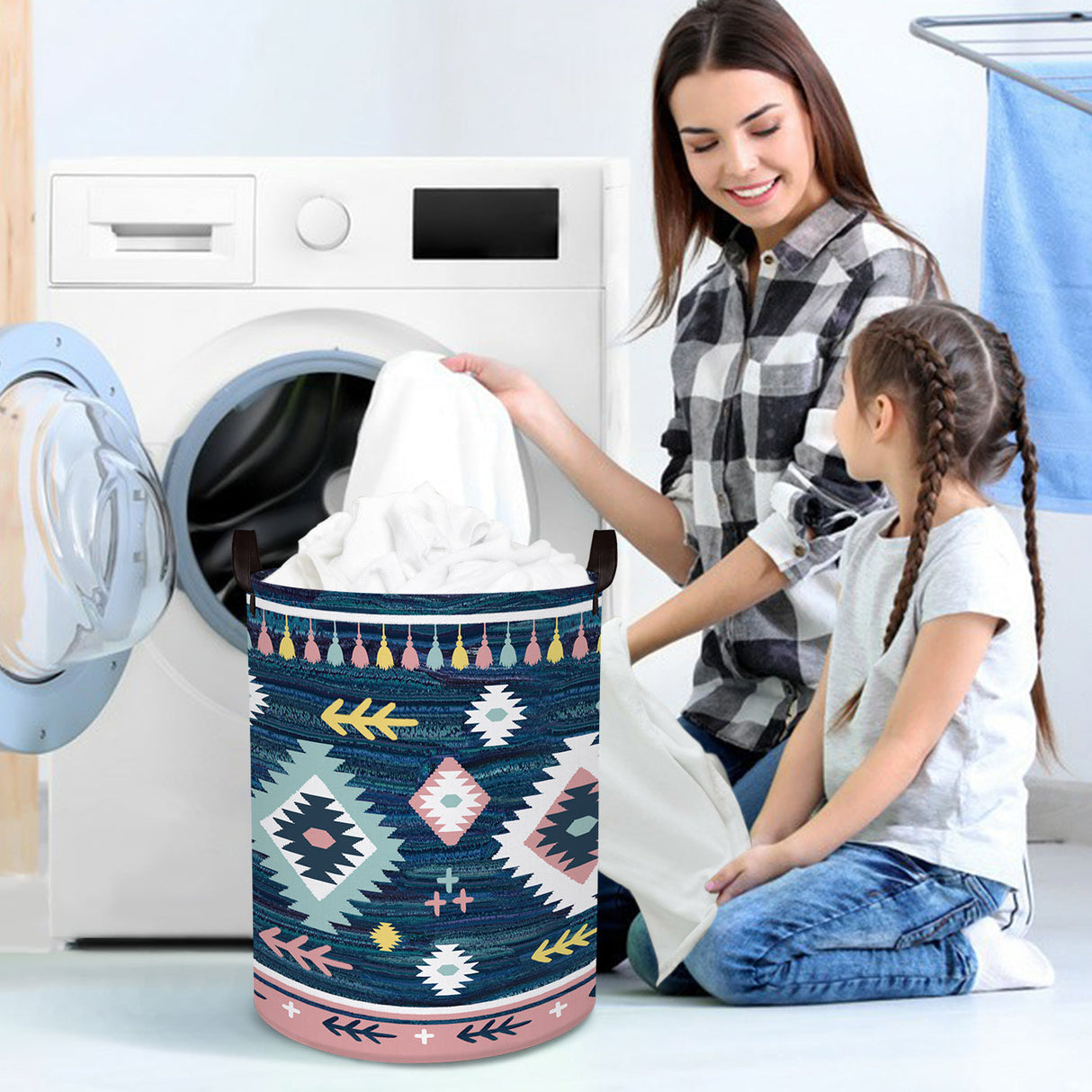 Blue Geometric Collapsible Laundry Hamper