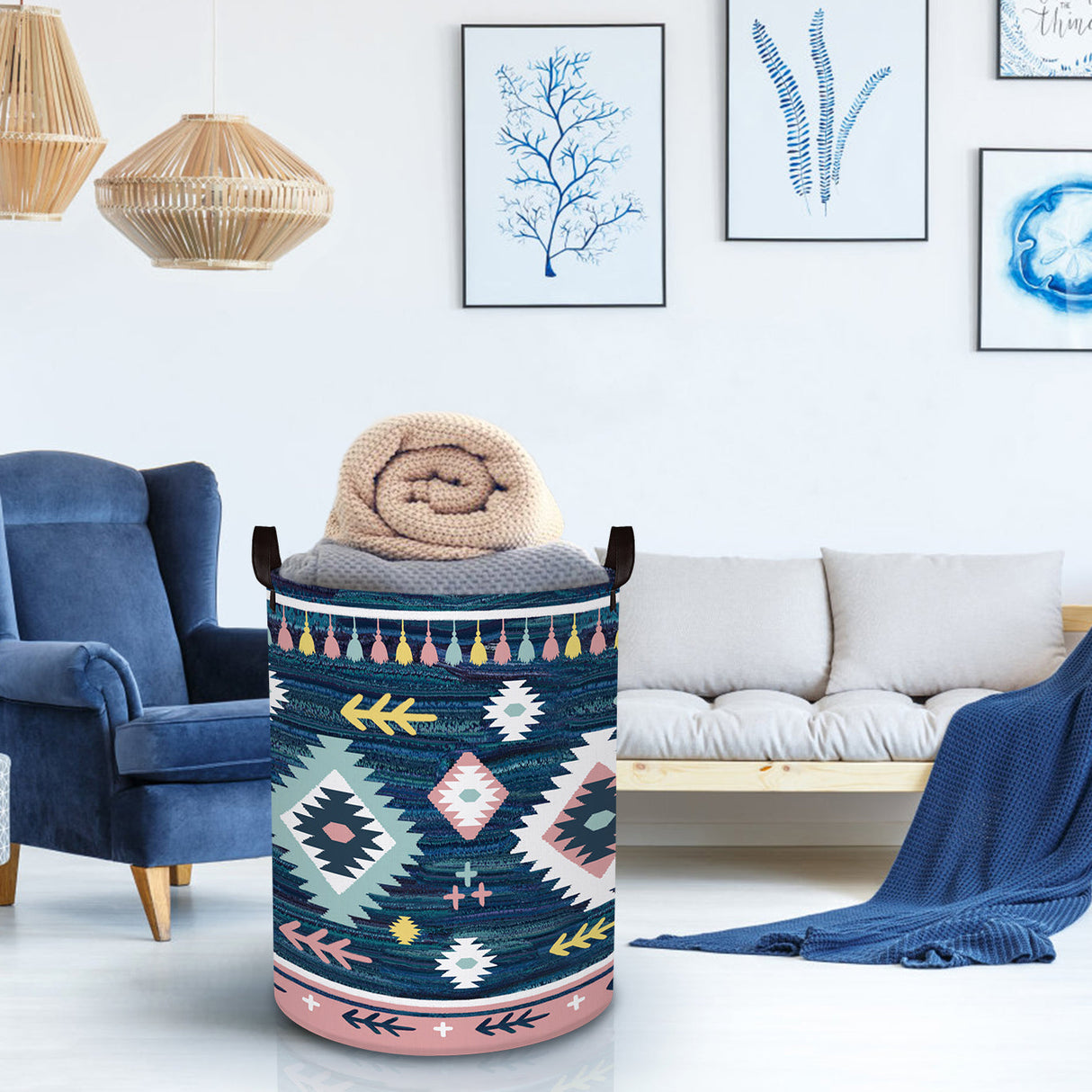 Blue Geometric Collapsible Laundry Hamper