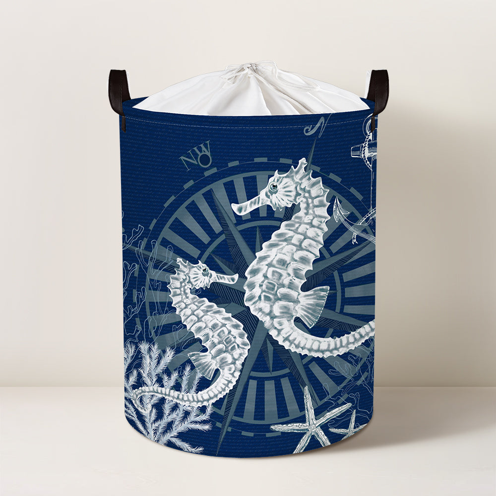 Blue Seahorse Collapsible Laundry Hamper