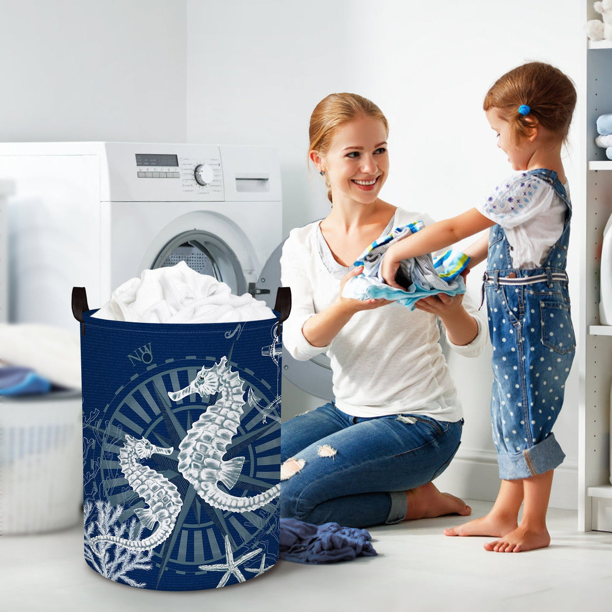 Blue Seahorse Collapsible Laundry Hamper