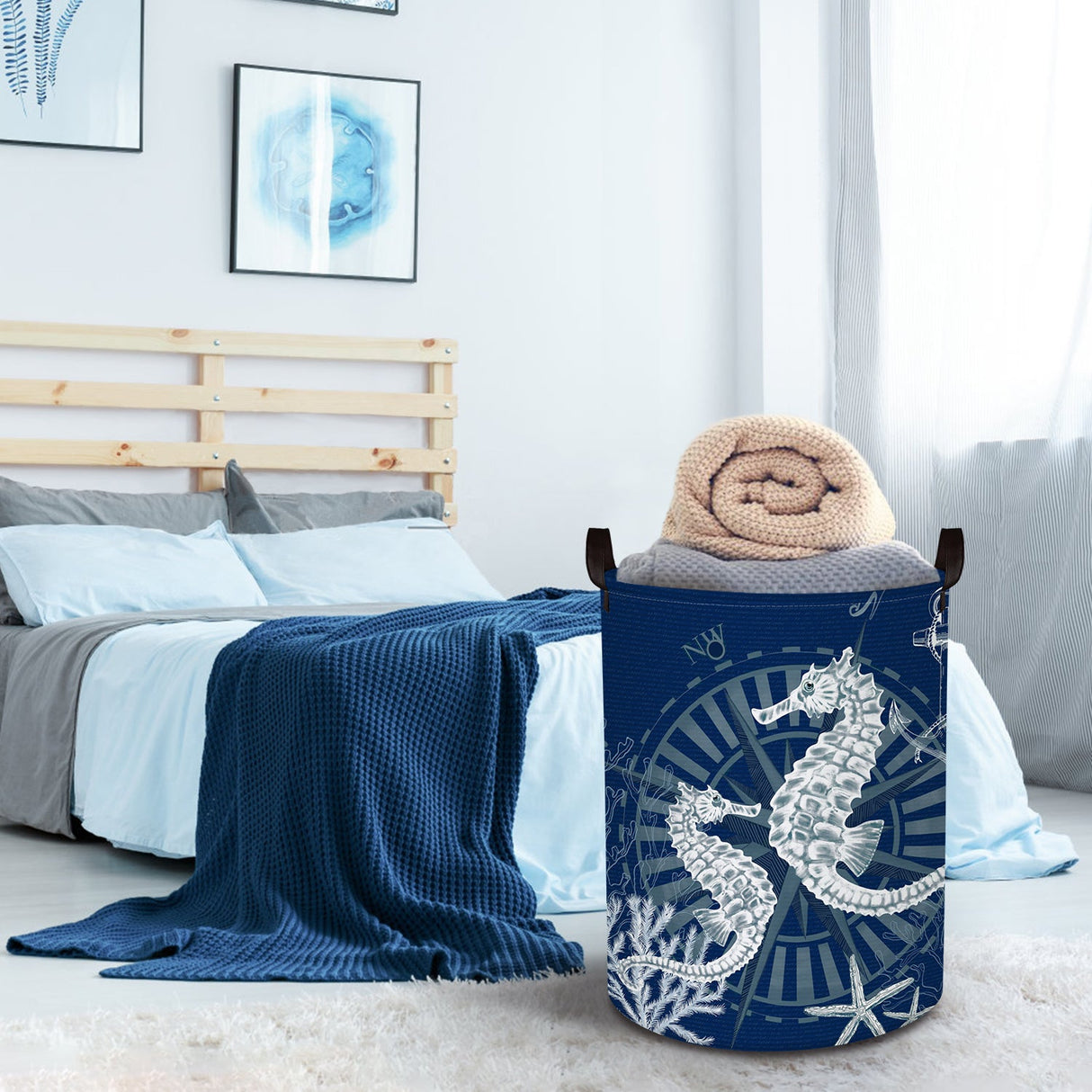 Blue Seahorse Collapsible Laundry Hamper