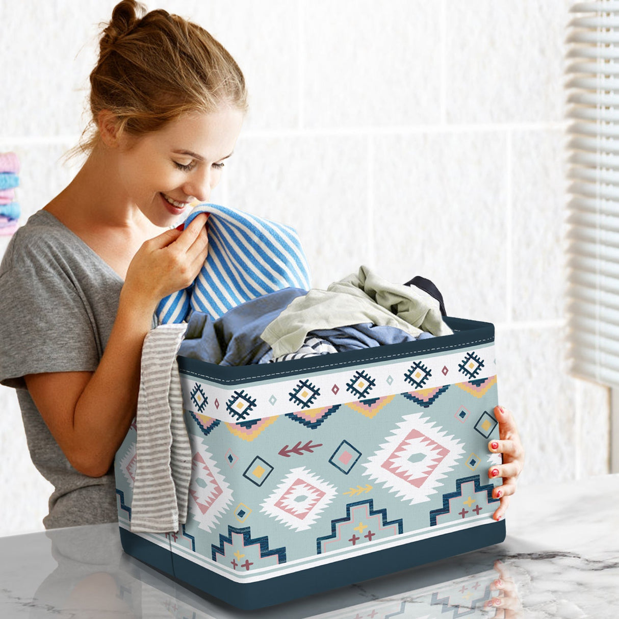 Blue Geometric Collapsible Storage Basket