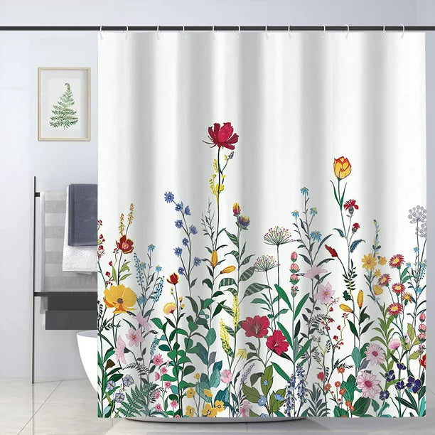 Feblilac Colorful Floral Garden Shower Curtain Shower Curtain with Hooks, Bloom Bathroom Curtains with Ring, Unique Bathroom décor, Boho Shower Curtain, Customized Bathroom Curtains, Extra Long Shower Curtain
