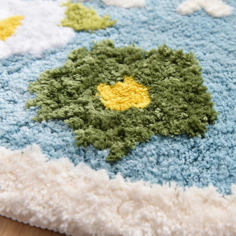 Country Style Cute Flowers Blue Bath Mat