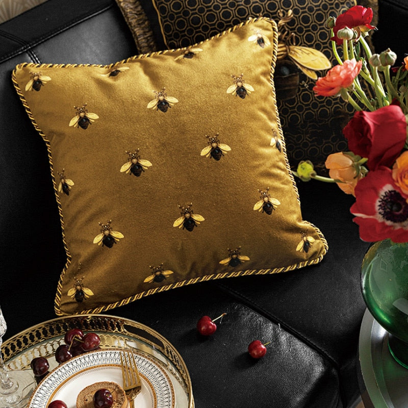 Cushion Cover Decorative Pillow Case European Luxury Art Gold Yellow Bee Print Velvet Soft Coussin Sofa Chair Cushion