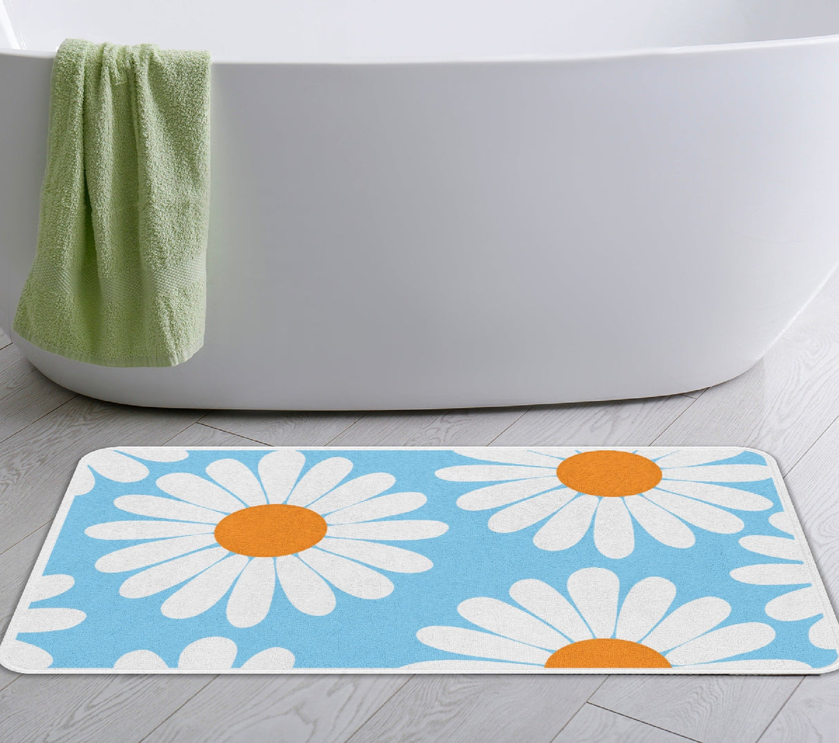 Feblilac White Daisy Green Bath Mat, Flower Bathroom Rug, Floral Soft Plush Water-Absorbent Multiple Sized Floral Anti Slip Toilet Mat, Soft Thick Bathroom Carpet, Art Bathroom Mats, Best Bath Rugs, Hot Shower Mat Non Slip, Toilet Rug