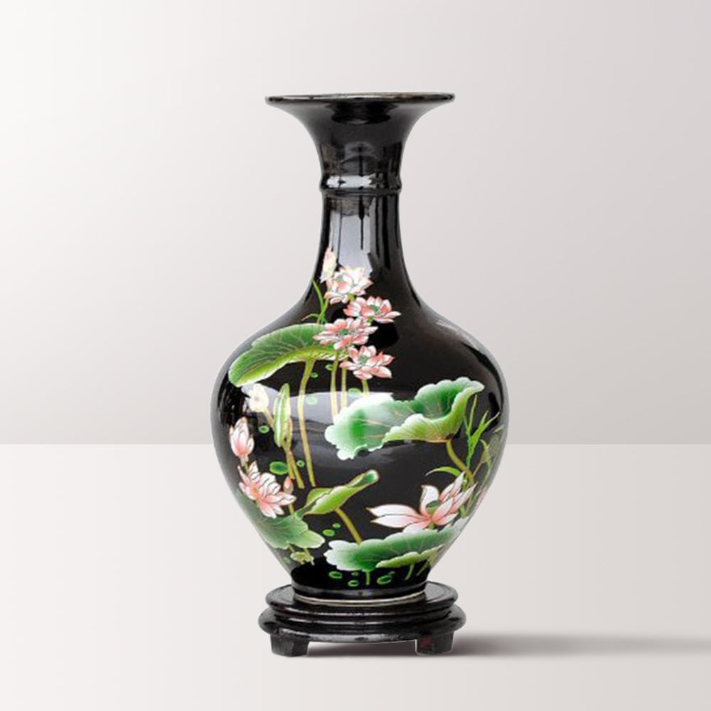 Black Pastel Lotus Paintings Vase