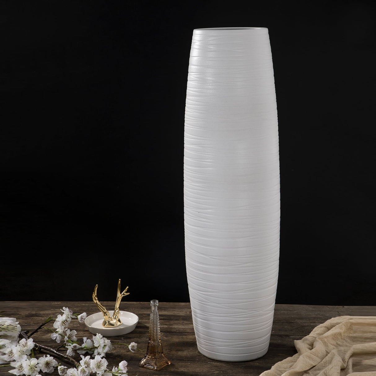 White Stripe Tall Ceramic Floor Vase