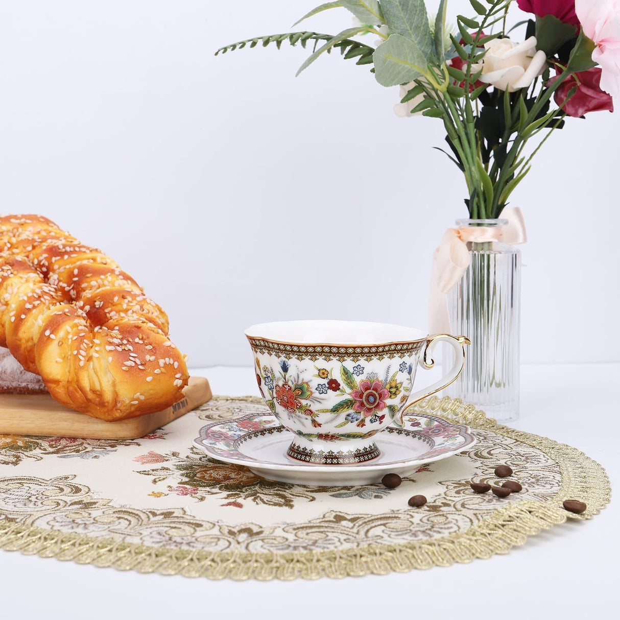 Vintage Flowers Bone Coffee Cup