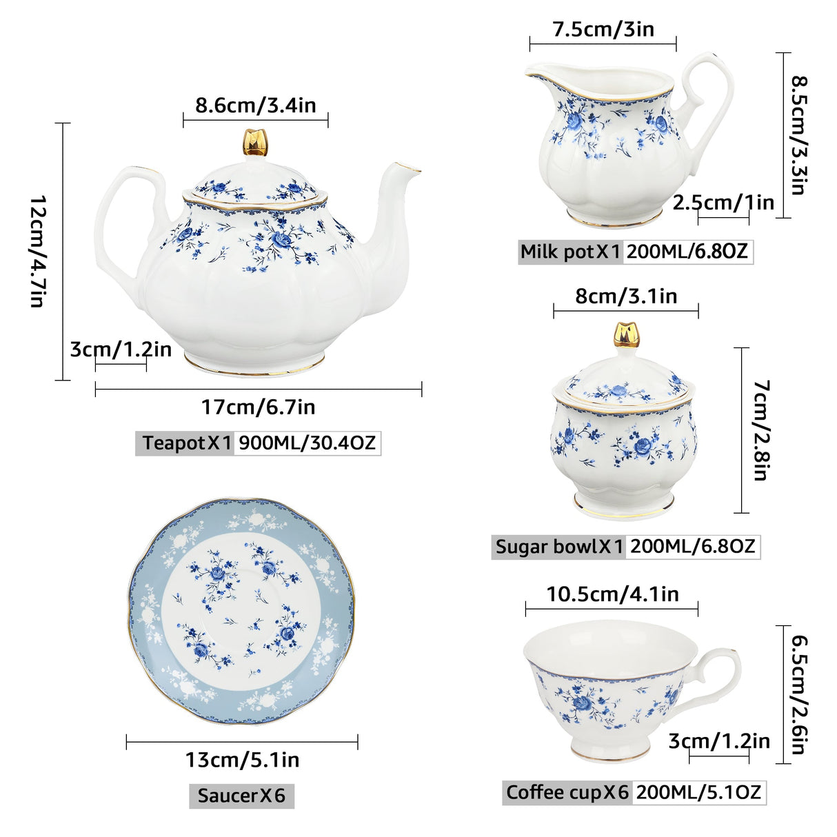 Blue Floral Porcelain Tea Set