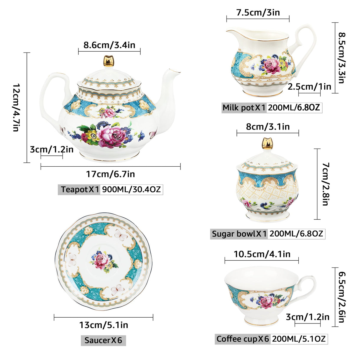 Blue Floral Porcelain Tea Set