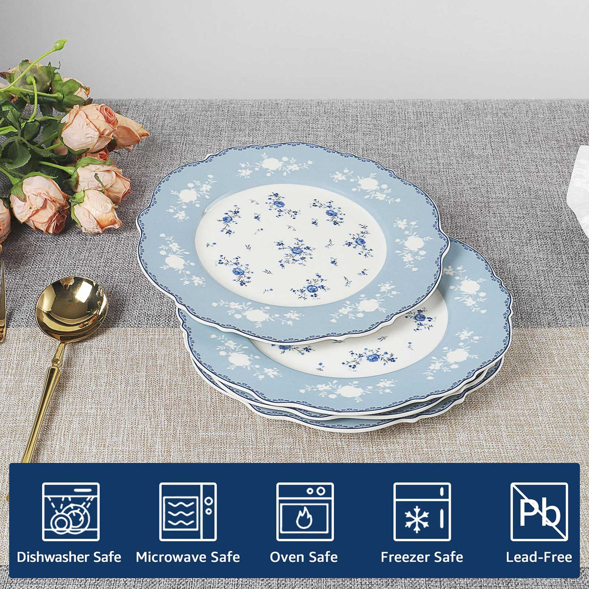 Blue Floral Porcelain Plates Set