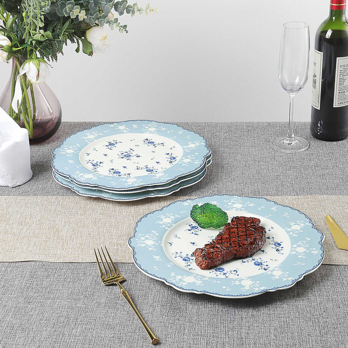 Blue Floral Porcelain Plates Set