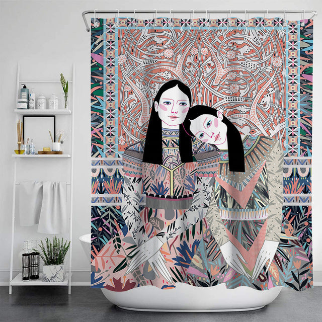 Feblilac Two Girls Sitting Shower Curtain with Hooks, Bathroom Curtains with Ring, Unique Bathroom décor, Boho Shower Curtain, Customized Bathroom Curtains, Extra Long Shower Curtain