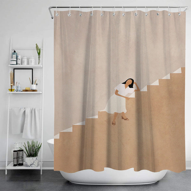 Feblilac The Woman on The Stairs Light Brown Shower Curtain with Hooks, Bathroom Curtains with Ring, Unique Bathroom décor, Boho Shower Curtain, Customized Bathroom Curtains, Extra Long Shower Curtain