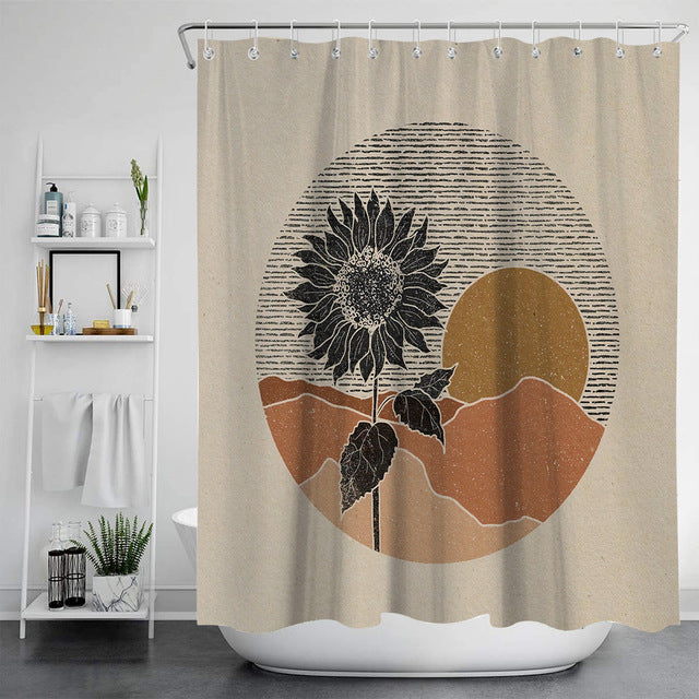 Feblilac Mountain Sun and Sun Flower Art Shower Curtain with Hooks, Floral Bathroom Curtains with Ring, Unique Bathroom décor, Boho Shower Curtain, Customized Bathroom Curtains, Extra Long Shower Curtain