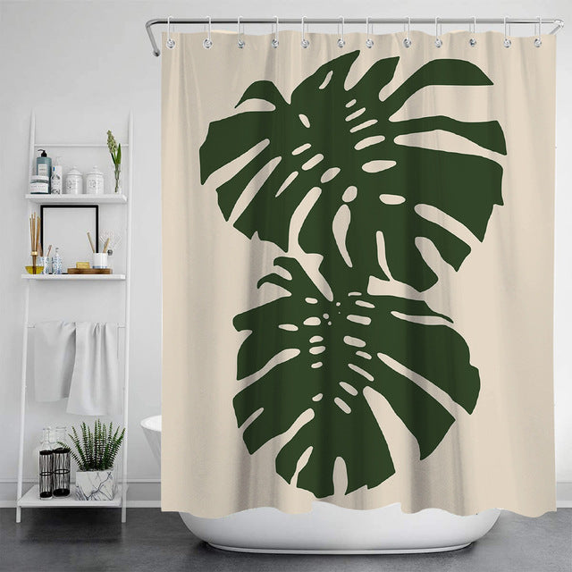 Feblilac Two Green Leaves Art Shower Curtain with Hooks, Floral Bathroom Curtains with Ring, Unique Bathroom décor, Boho Shower Curtain, Customized Bathroom Curtains, Extra Long Shower Curtain