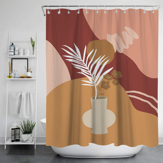 Feblilac Abstract Brown Red Floral and Vase Art Shower Curtain with Hooks, Bathroom Curtains with Ring, Unique Bathroom décor, Boho Shower Curtain, Customized Bathroom Curtains, Extra Long Shower Curtain