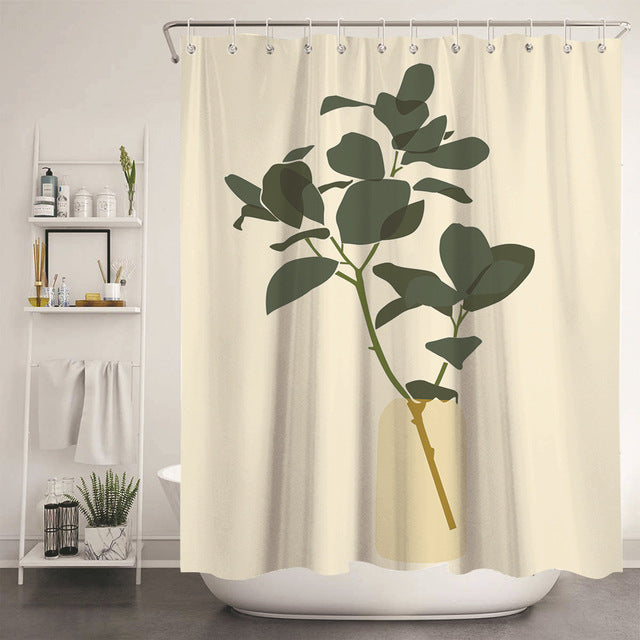 Feblilac Green Leaves Cream Ground Art Shower Curtain with Hooks, Floral Bathroom Curtains with Ring, Unique Bathroom décor, Boho Shower Curtain, Customized Bathroom Curtains, Extra Long Shower Curtain