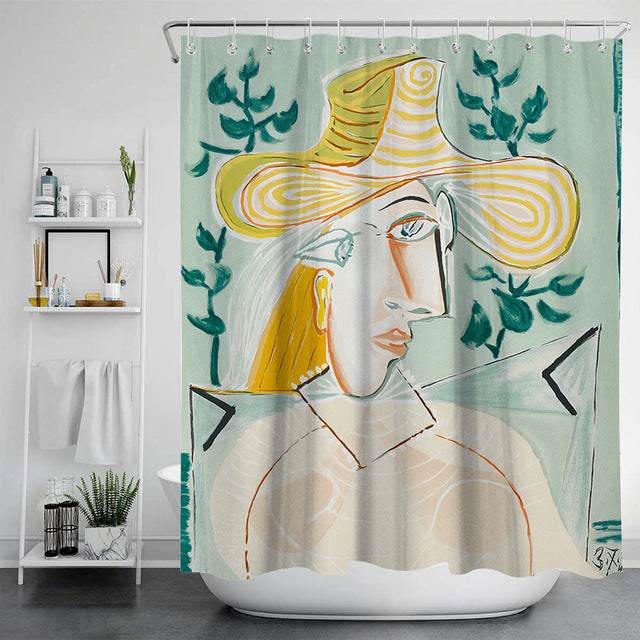Feblilac Man in The Hat Green Ground Shower Curtain with Hooks, Bathroom Curtains with Ring, Unique Bathroom décor, Boho Shower Curtain, Customized Bathroom Curtains, Extra Long Shower Curtain