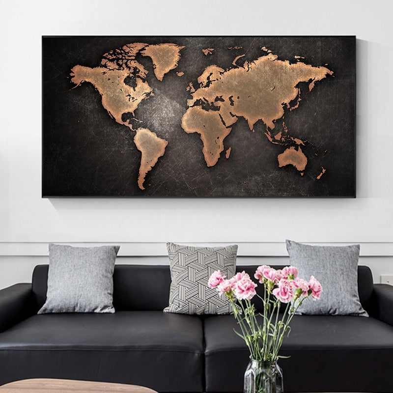 World Map Canvas Dark Academia