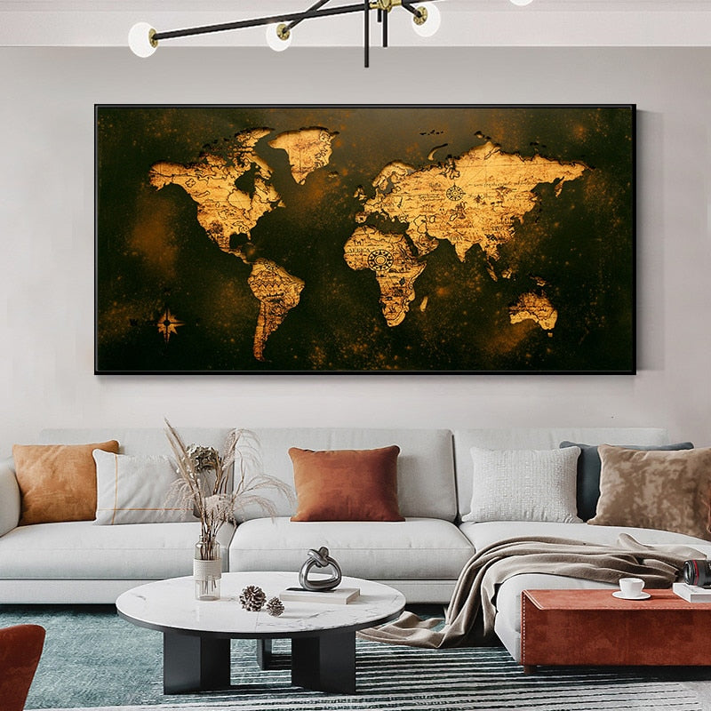 World Map Canvas Dark Academia
