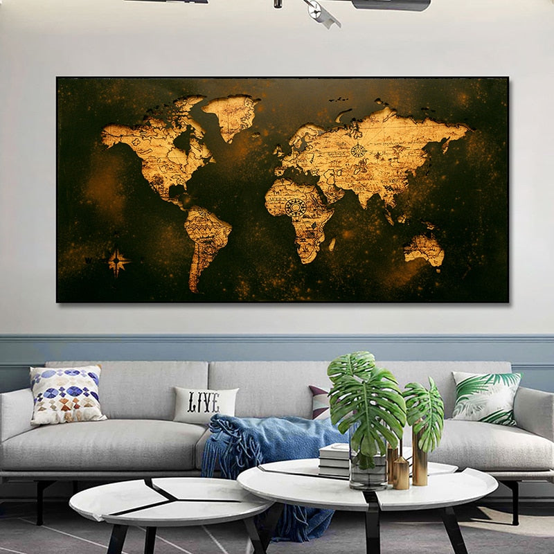 World Map Canvas Dark Academia