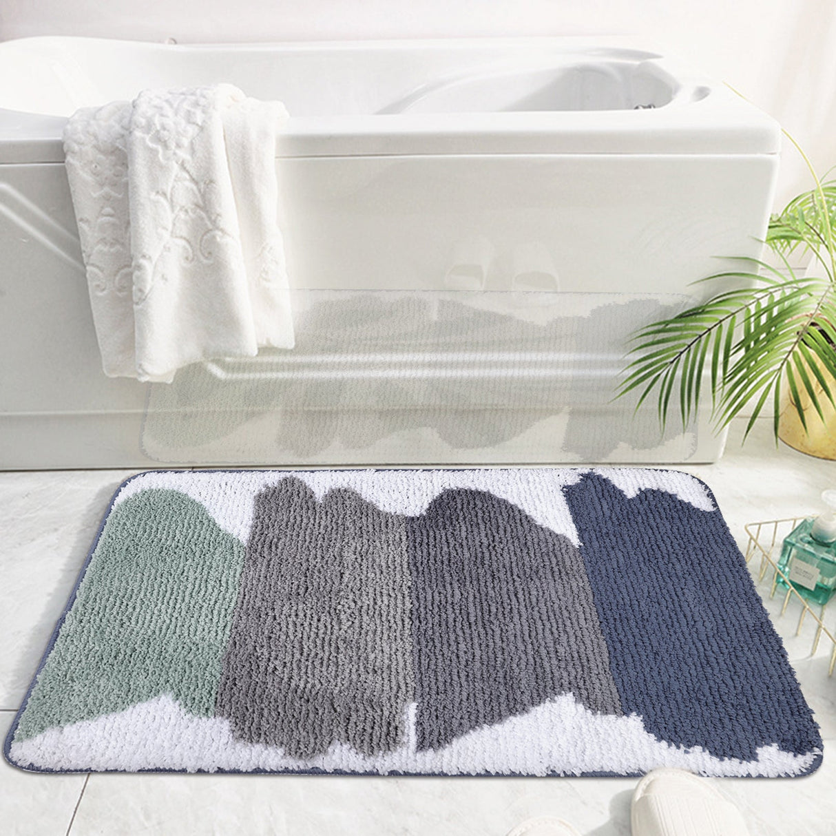 Green and Grey Striped Bathroom Rug