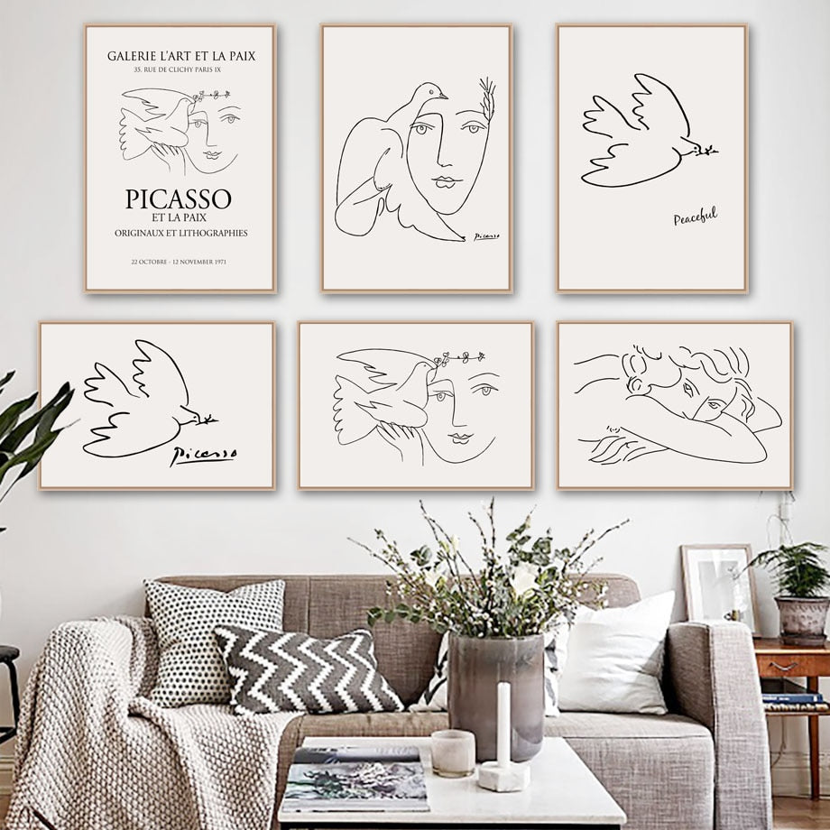 Picasso Girl Bird Line Drawing Wall Art Canvas Painting Nordic Posters And Prints Wall Pictures For Living Room Decor
