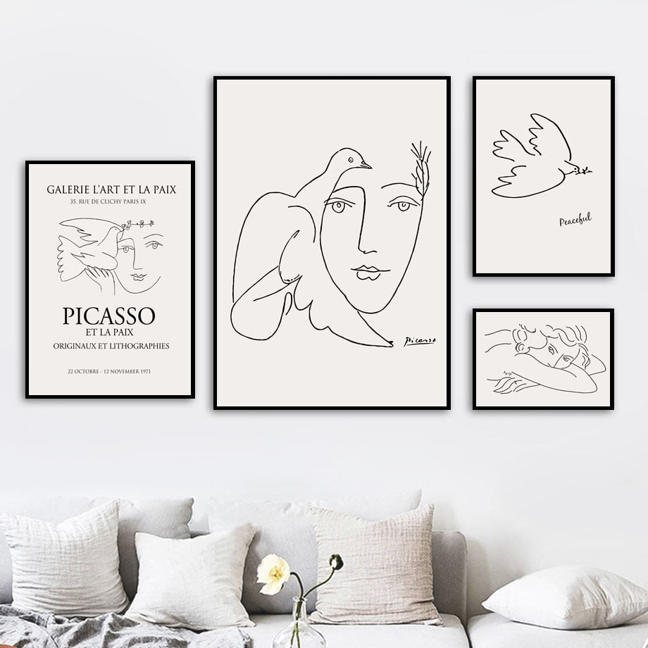 Picasso Girl Bird Line Drawing Wall Art Canvas Painting Nordic Posters And Prints Wall Pictures For Living Room Decor